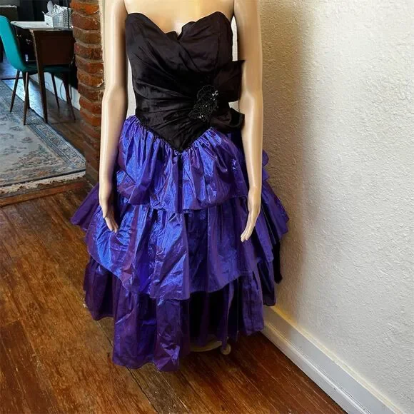 VTG Jessica McClintock x Gunne Sax 1980s Black/Purple Strapless Dress -XS - Picture 2 of 10